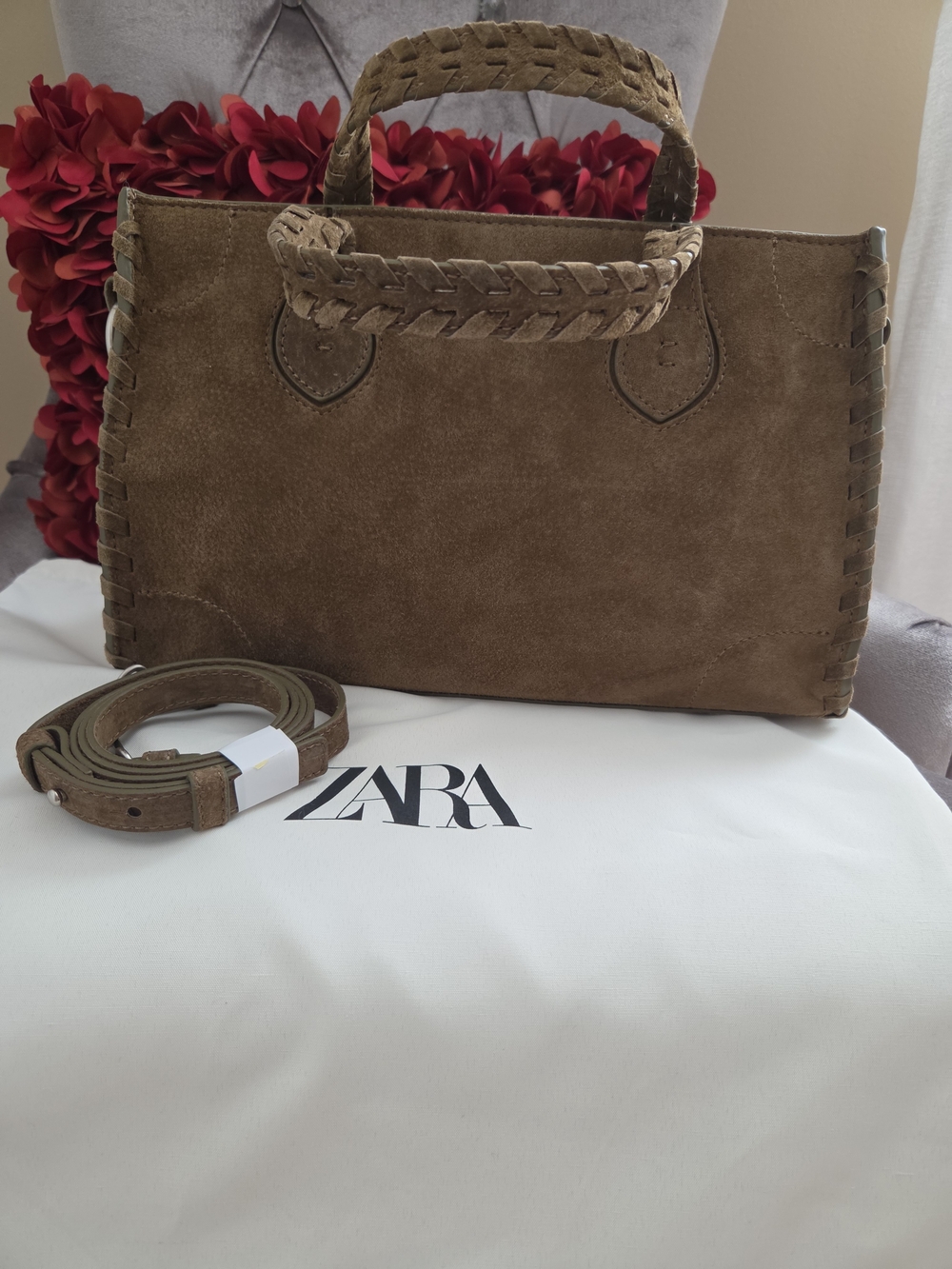 ZARA braided leather city bag Olive Green suede  (new without tags) - Picture 3 of 11